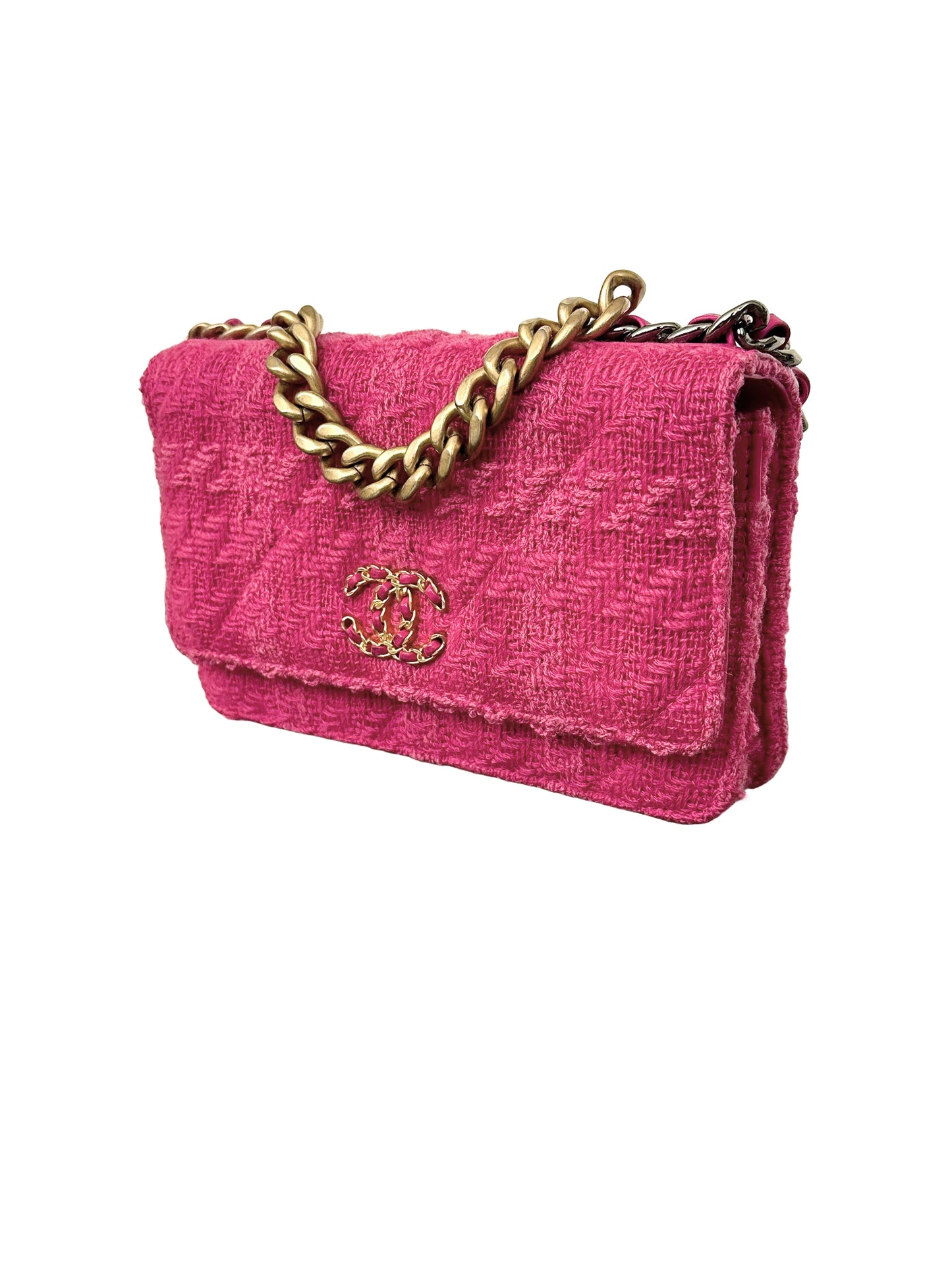 Chanel 19 Wallet On Chain Tweed Pink Gold Silver