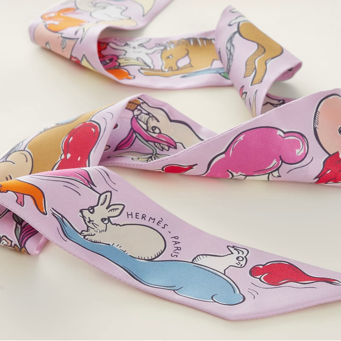 Hermes Mille et Un Lapins Silk Twilly Scarf in Rose/Parme