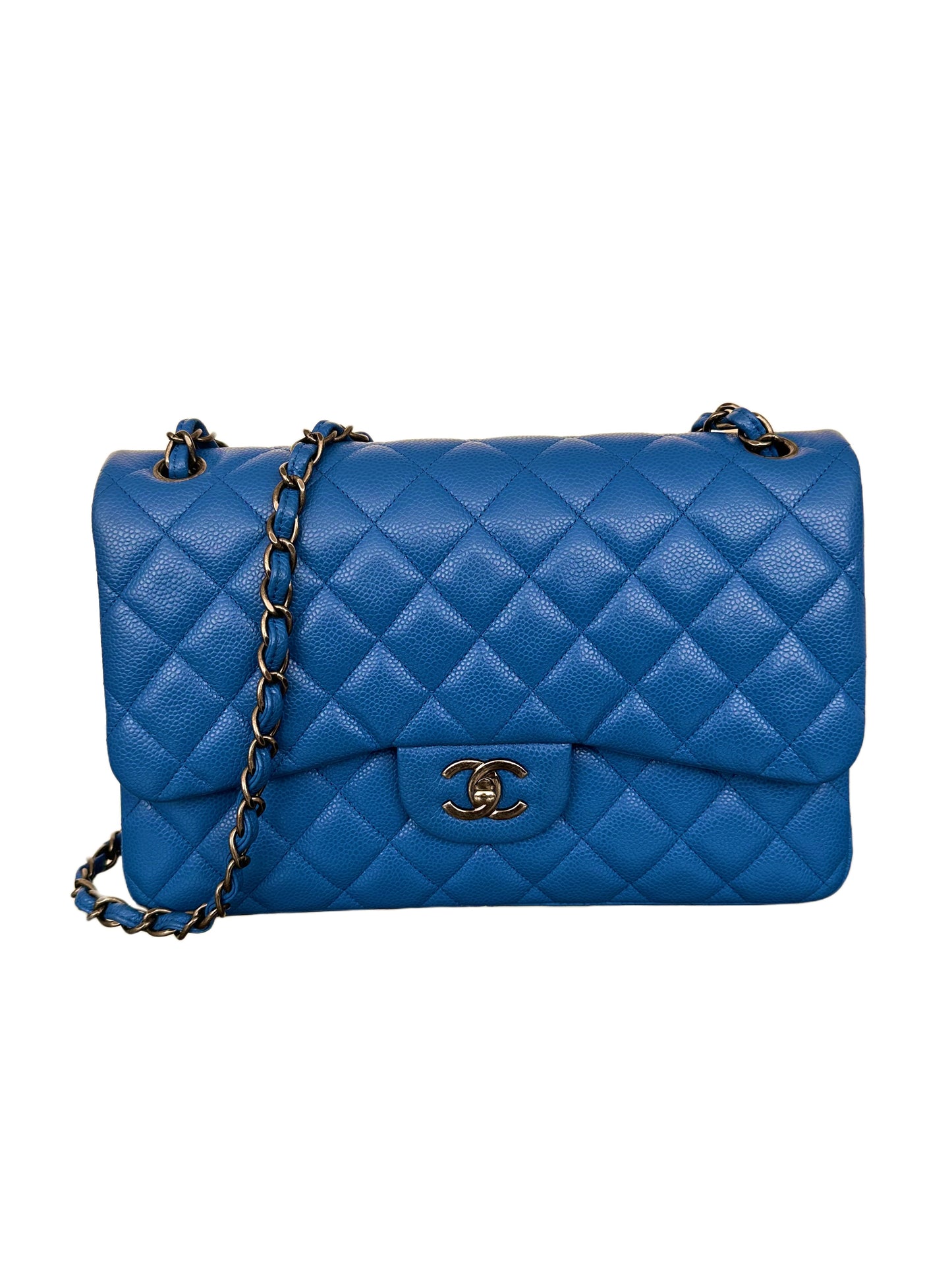Chanel Classic Double Flap Bag Quilted Caviar Jumbo Sapphire Blue
