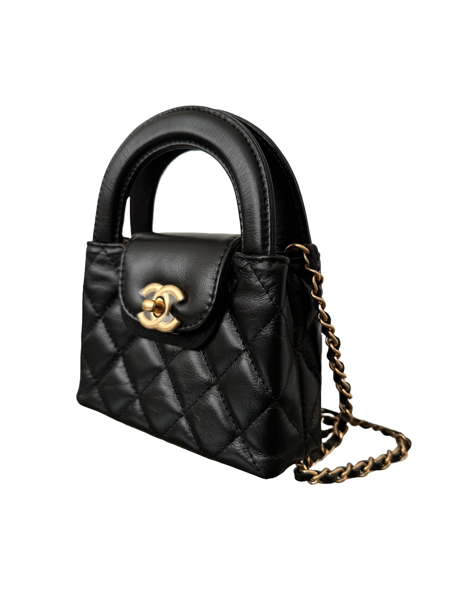 Chanel Kelly Black Gold Top Handle Nano Mini Shopper Bag 23K Collection