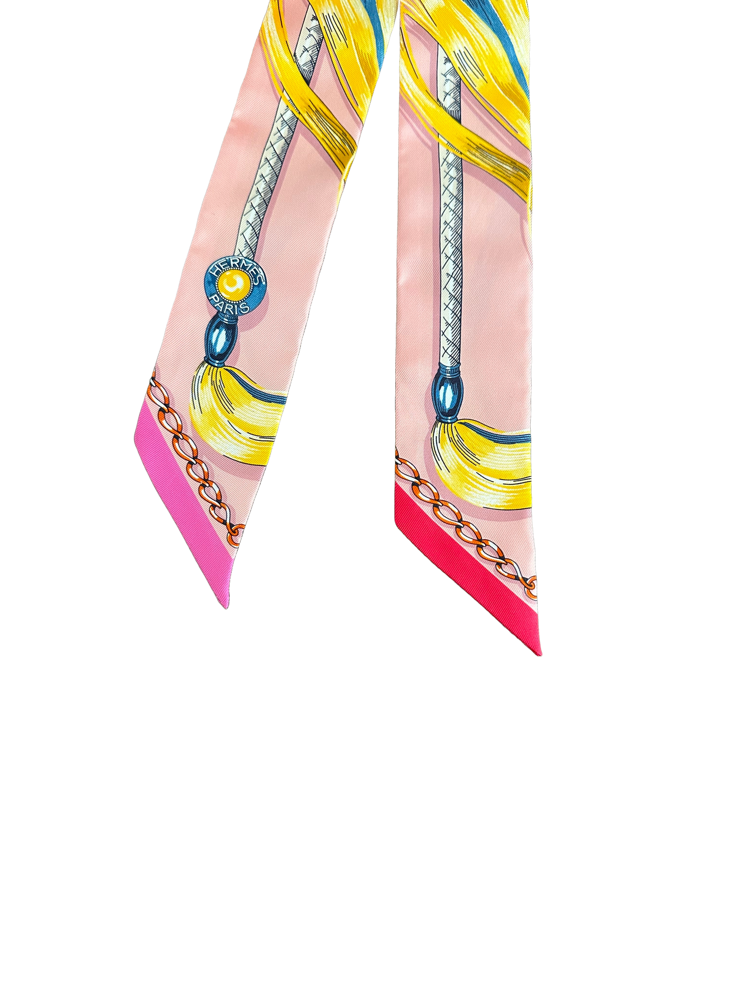 Hermes Cavalcades Silk Twilly Scarf in Rose Poudre / Jaune D’or / Bleu