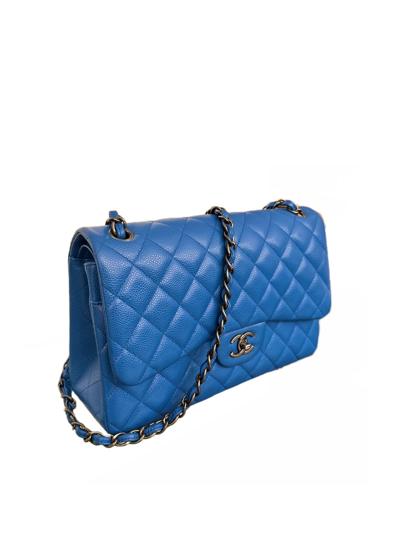 Chanel Classic Double Flap Bag Quilted Caviar Jumbo Sapphire Blue