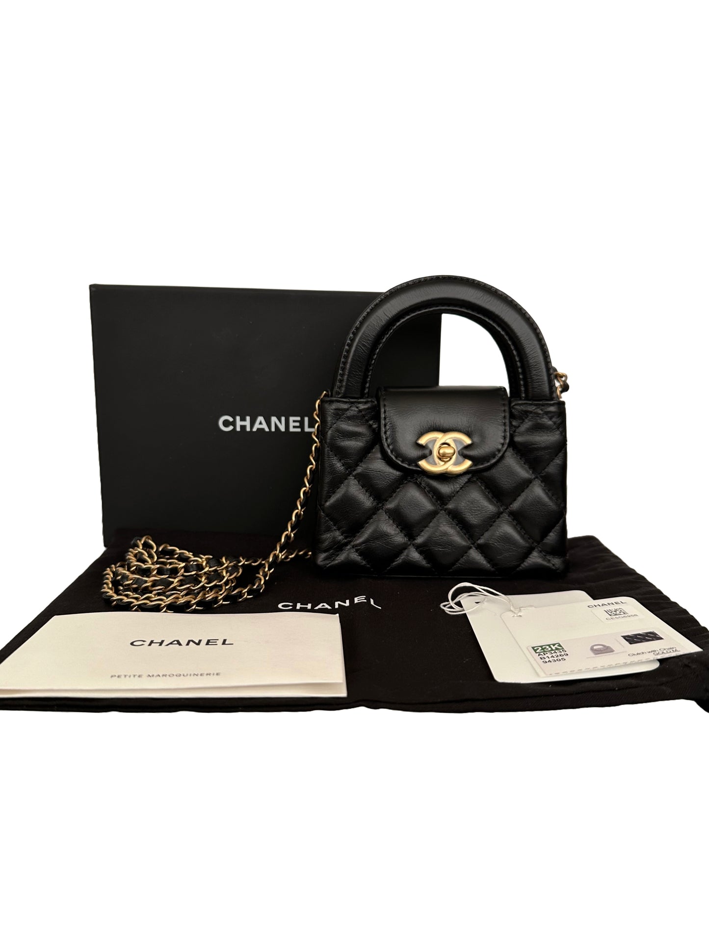 Chanel Kelly Black Gold Top Handle Nano Mini Shopper Bag 23K Collection