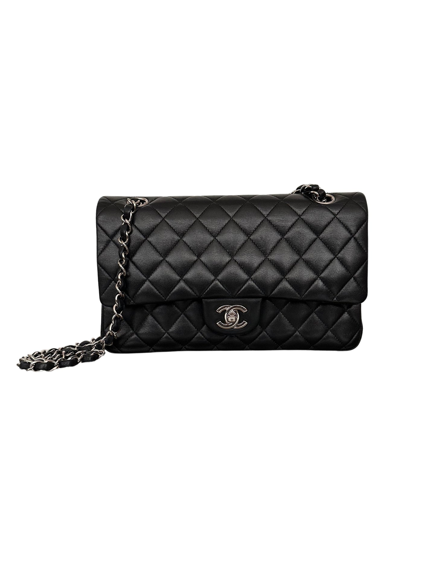 Chanel Classic Double Flap Bag Quilted Lambskin Medium Black Silver Hardware