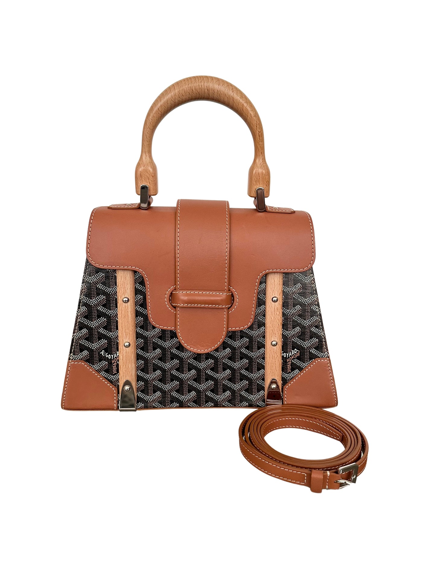 Goyard Saigon PM Structured Brown Black Leather Top Handle Shoulder Bag