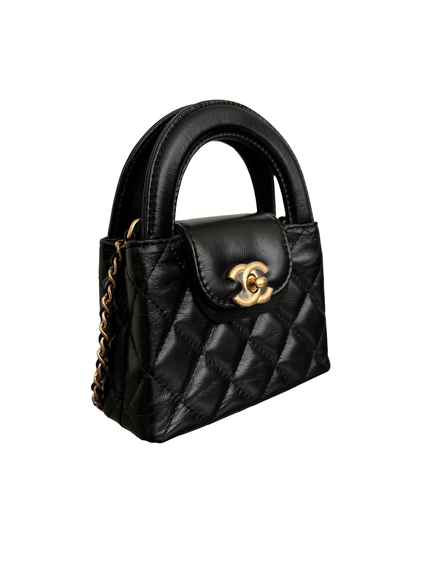 Chanel Kelly Black Gold Top Handle Nano Mini Shopper Bag 23K Collection