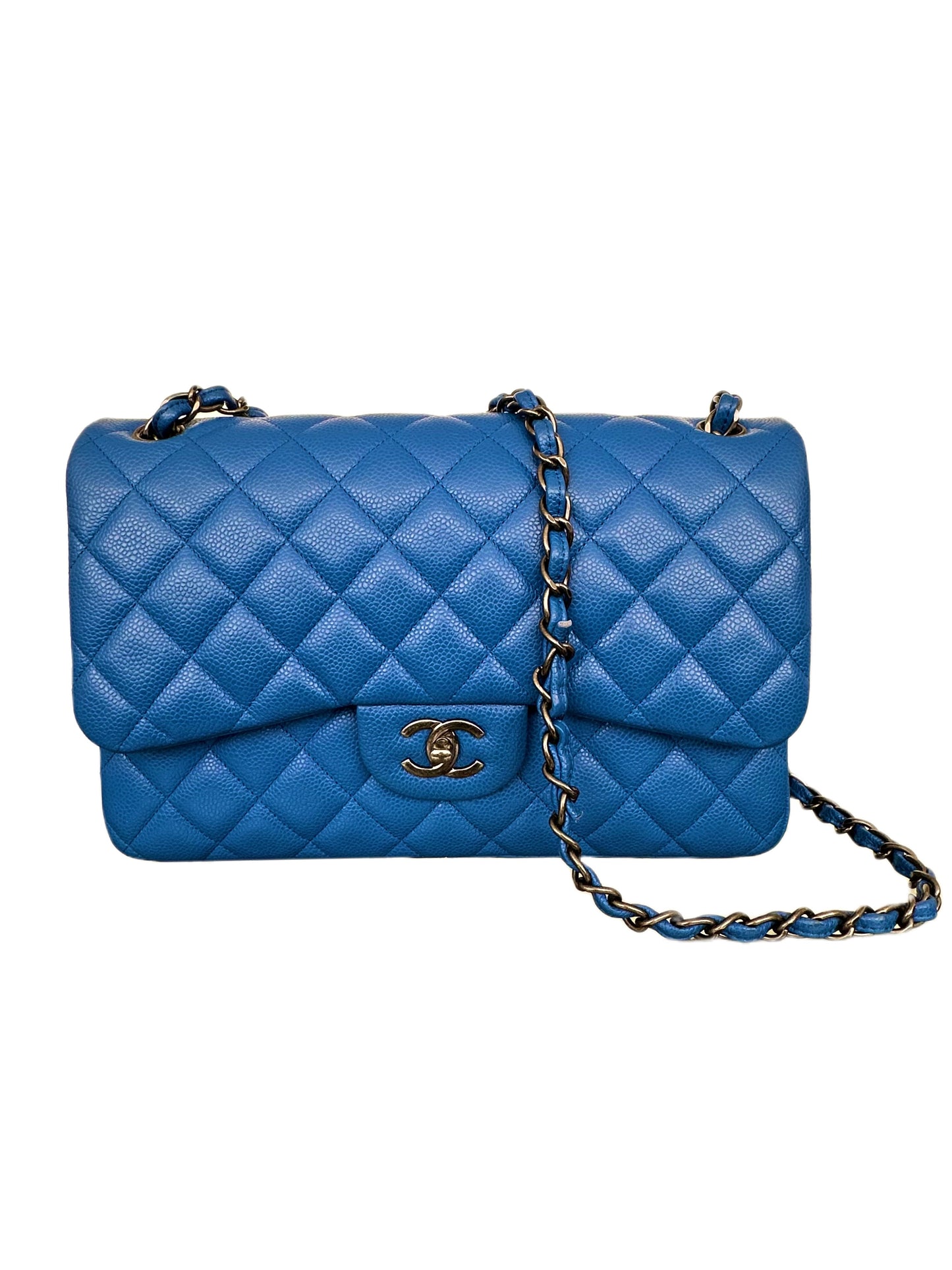 Chanel Classic Double Flap Bag Quilted Caviar Jumbo Sapphire Blue