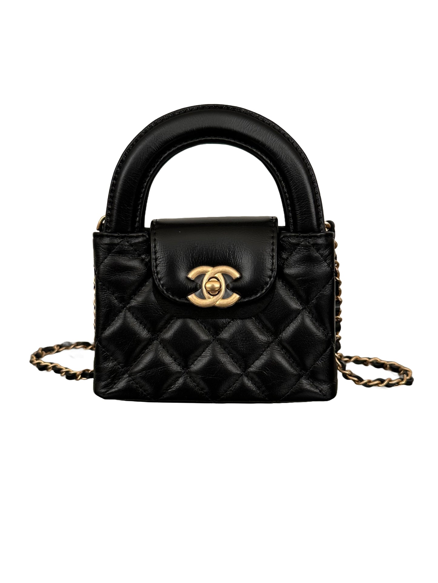 Chanel Kelly Black Gold Top Handle Nano Mini Shopper Bag 23K Collection