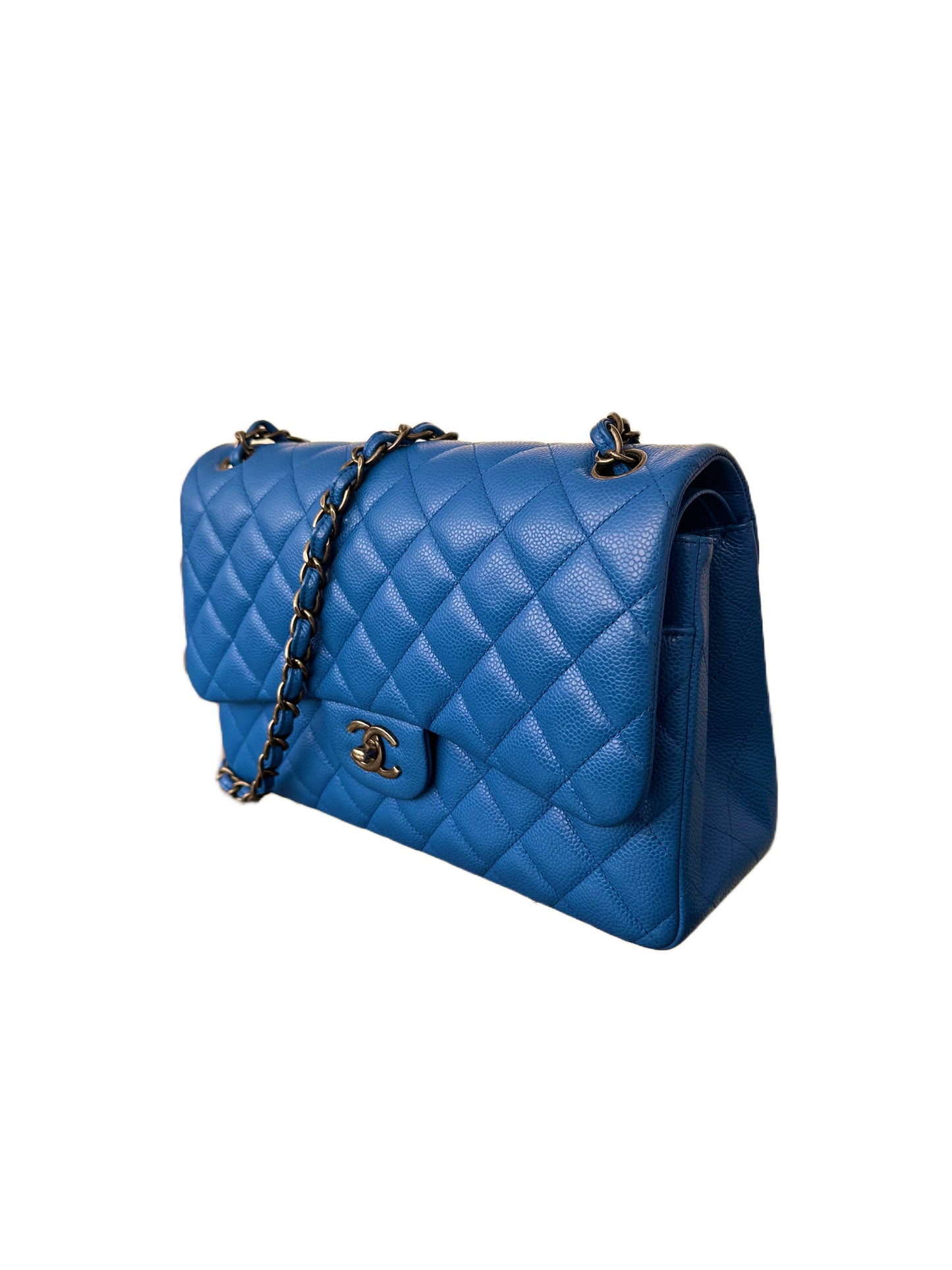 Chanel Classic Double Flap Bag Quilted Caviar Jumbo Sapphire Blue
