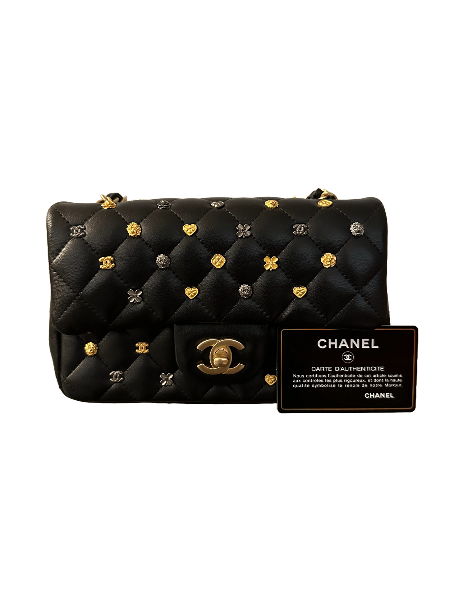 Chanel Classic Flap Quilted Lambskin Mini Rectangular Black Charms 18K