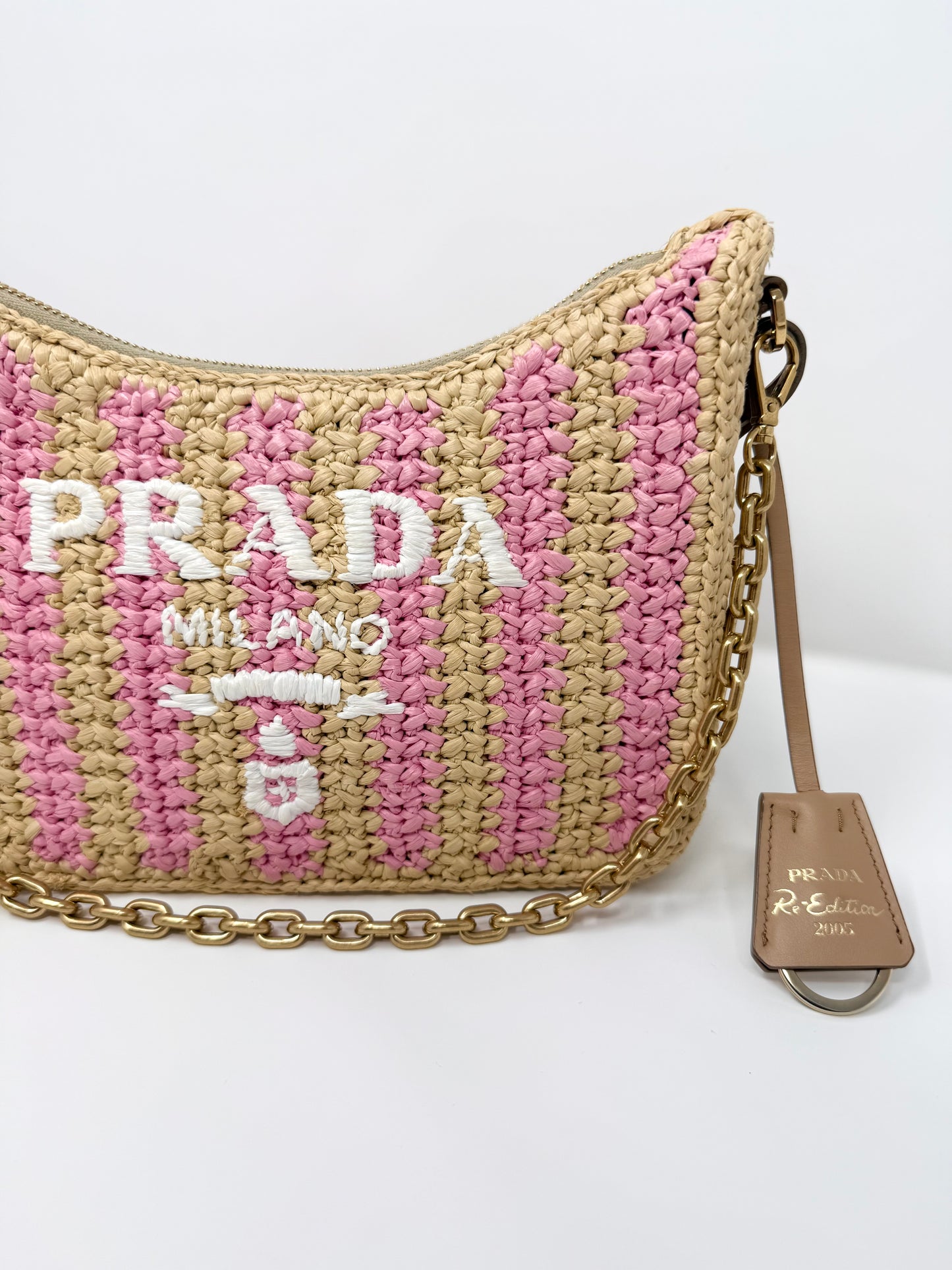 Prada Re-Edition 2005 Raffia Crochet Pink Striped Naturale Petalo