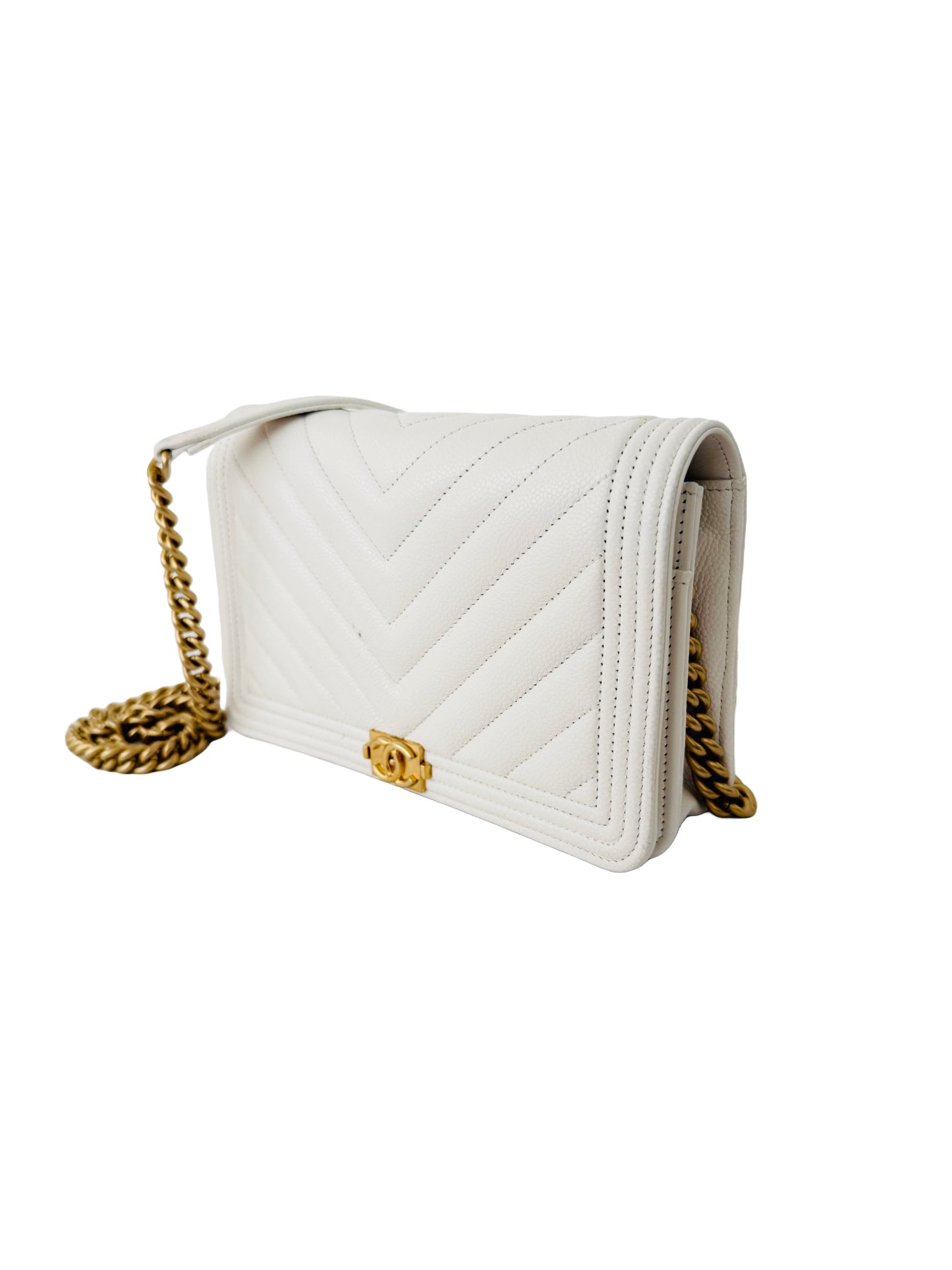 Chanel Boy Wallet On Chain White Caviar Gold Hardware