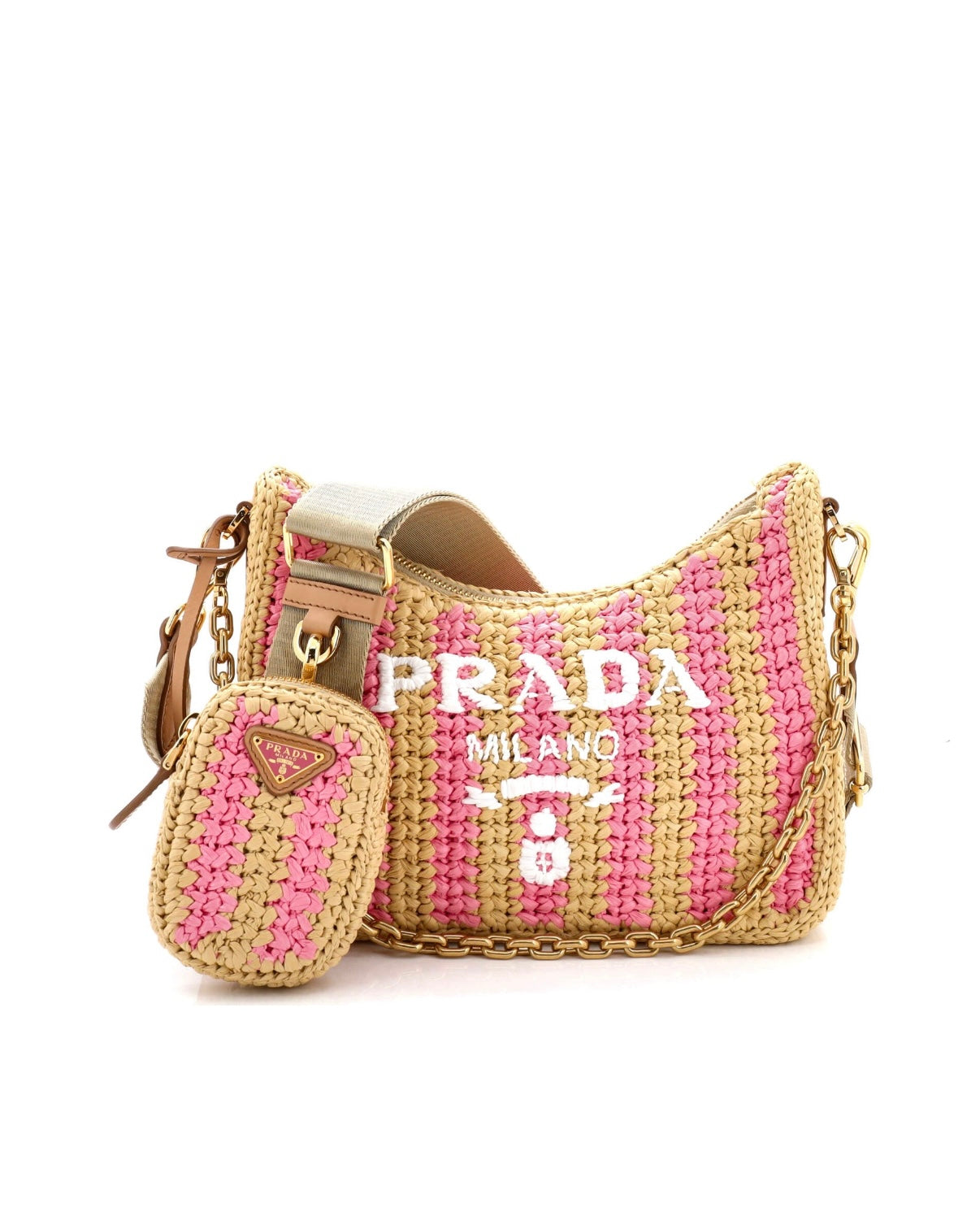 Prada Re-Edition 2005 Raffia Crochet Pink Striped Naturale Petalo