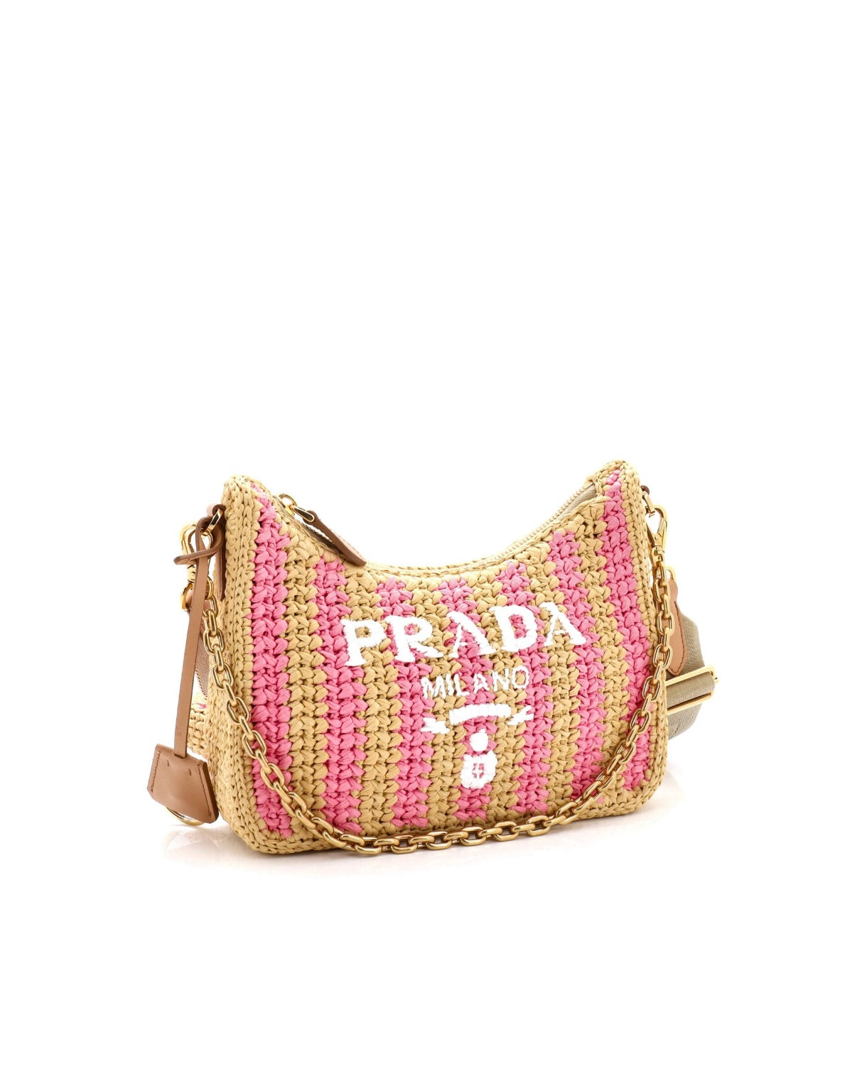 Prada Re-Edition 2005 Raffia Crochet Pink Striped Naturale Petalo
