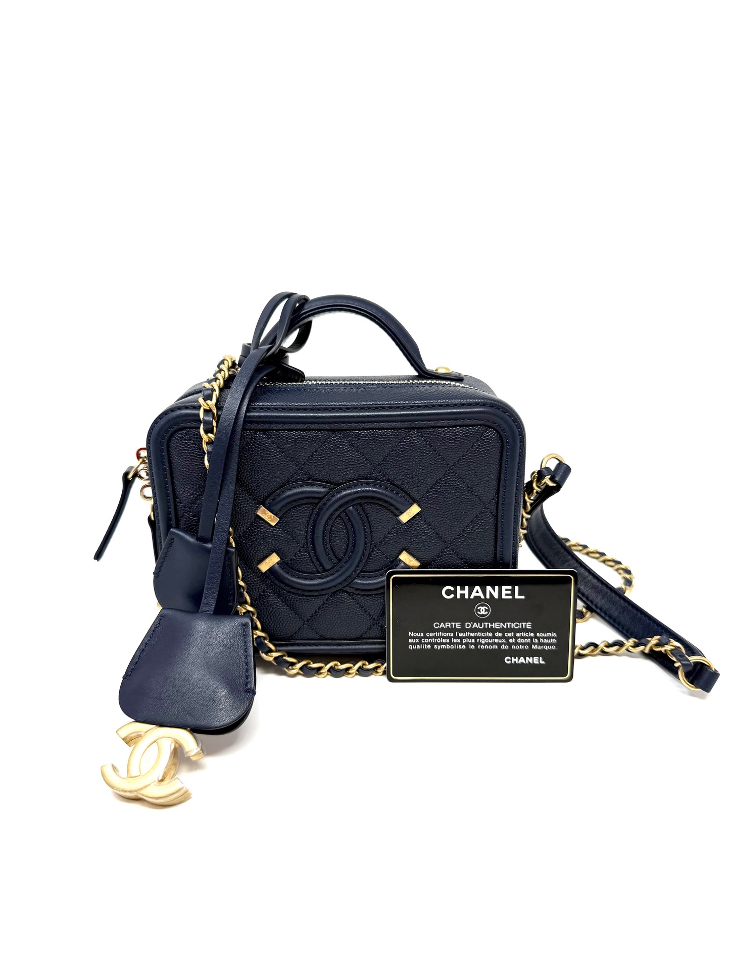 Chanel Small Caviar CC Filigree Vanity Case Navy Blue