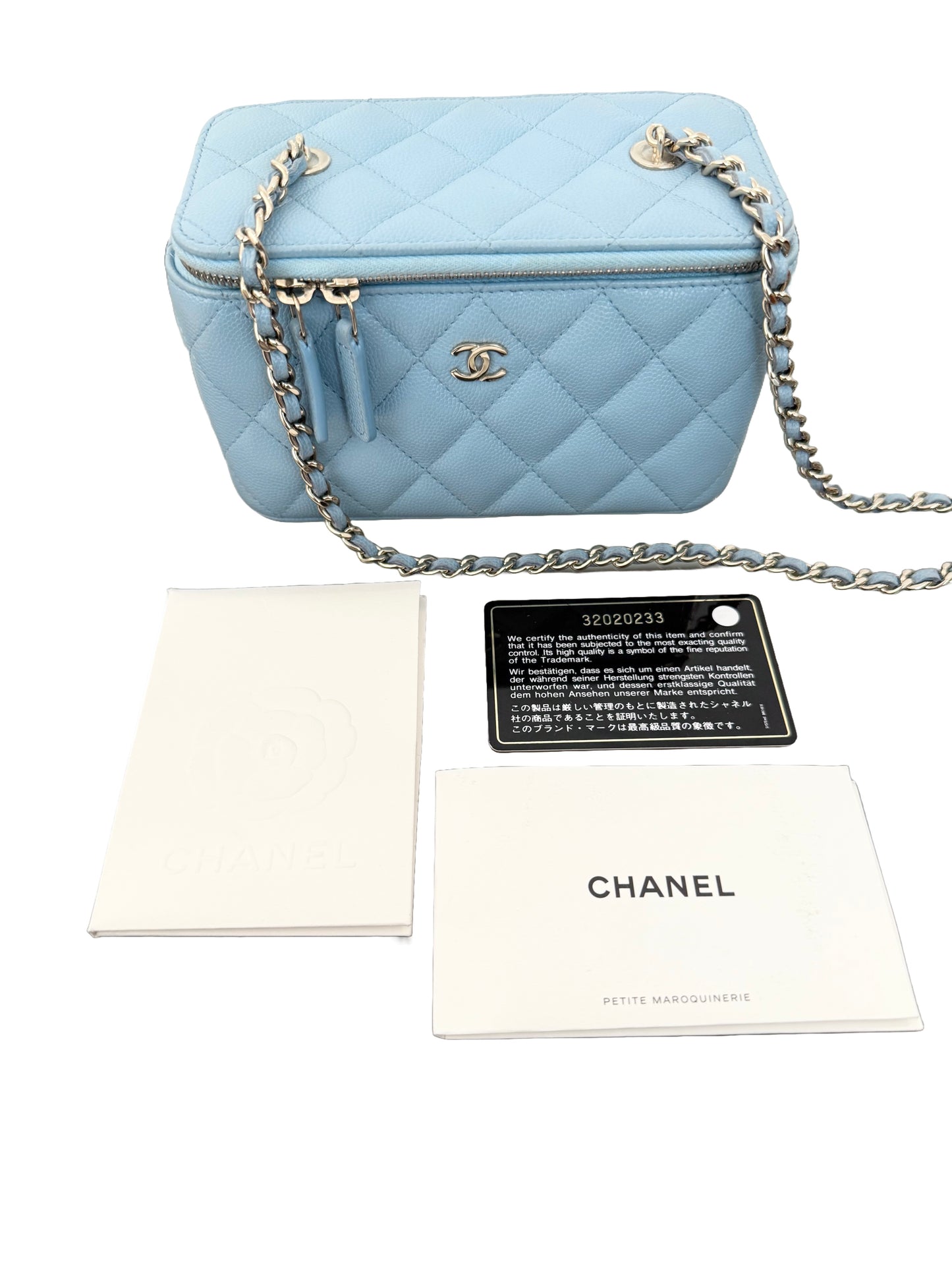 Chanel Vanity Case with Chain Small Quilted Caviar Light Blue