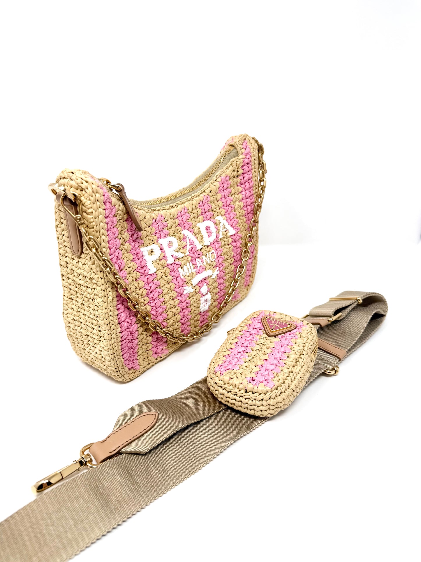 Prada Re-Edition 2005 Raffia Crochet Pink Striped Naturale Petalo