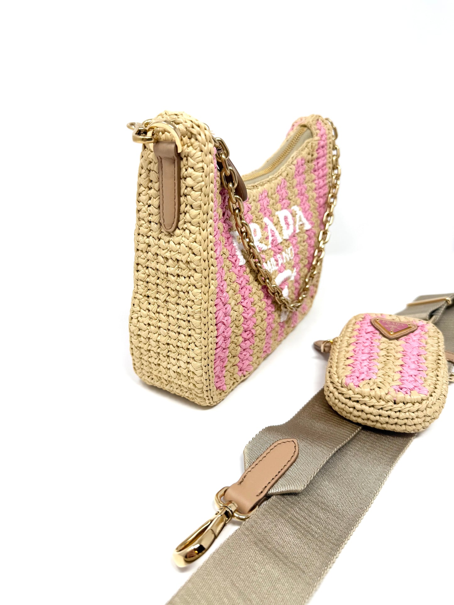 Prada Re-Edition 2005 Raffia Crochet Pink Striped Naturale Petalo