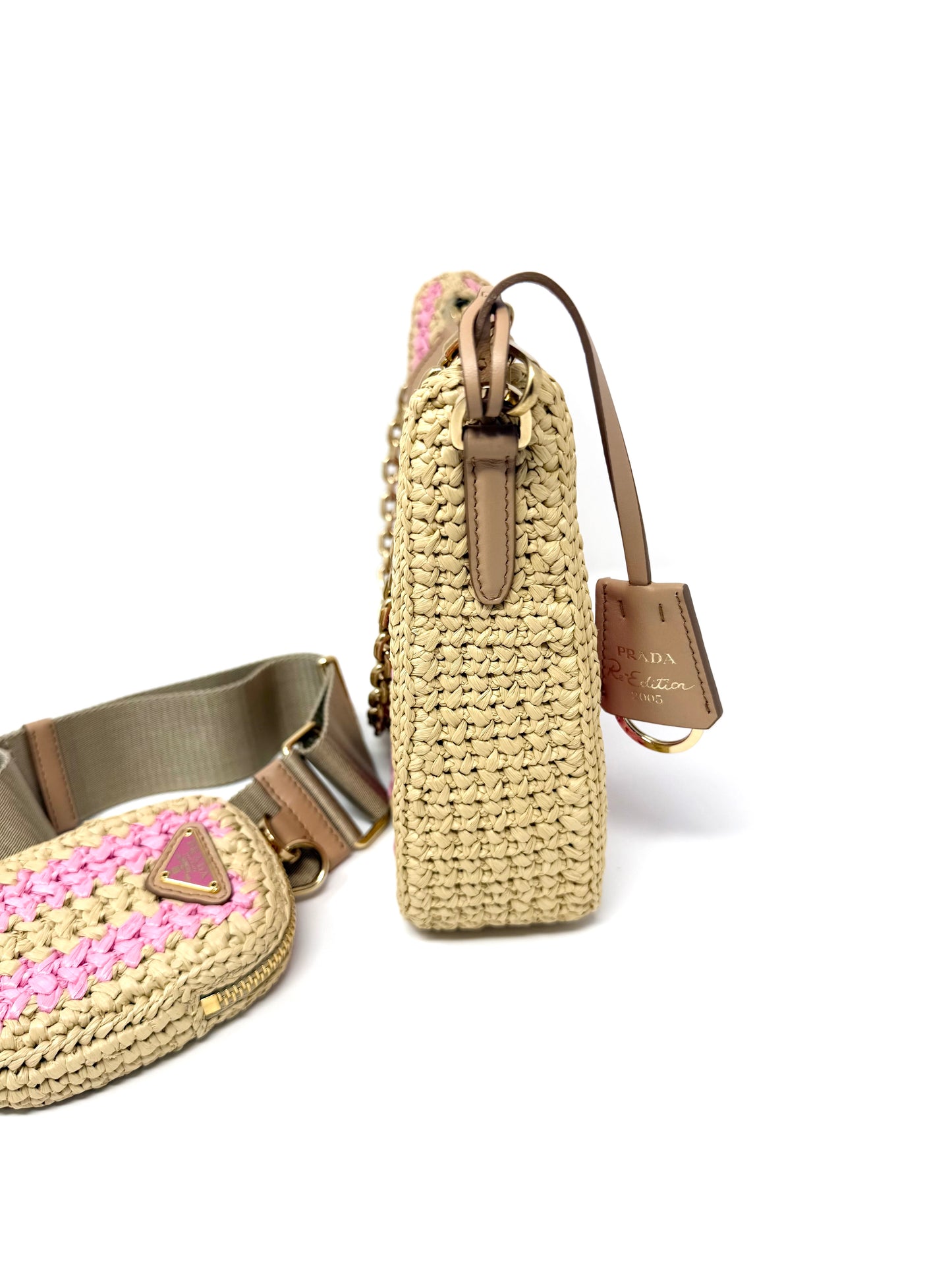 Prada Re-Edition 2005 Raffia Crochet Pink Striped Naturale Petalo