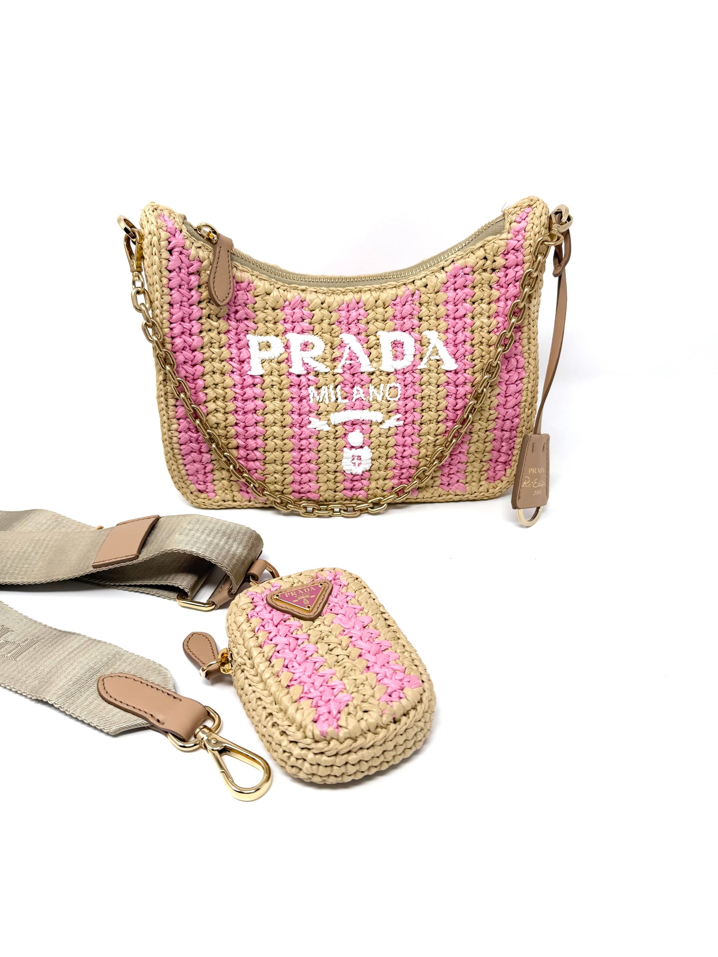 Prada Re-Edition 2005 Raffia Crochet Pink Striped Naturale Petalo
