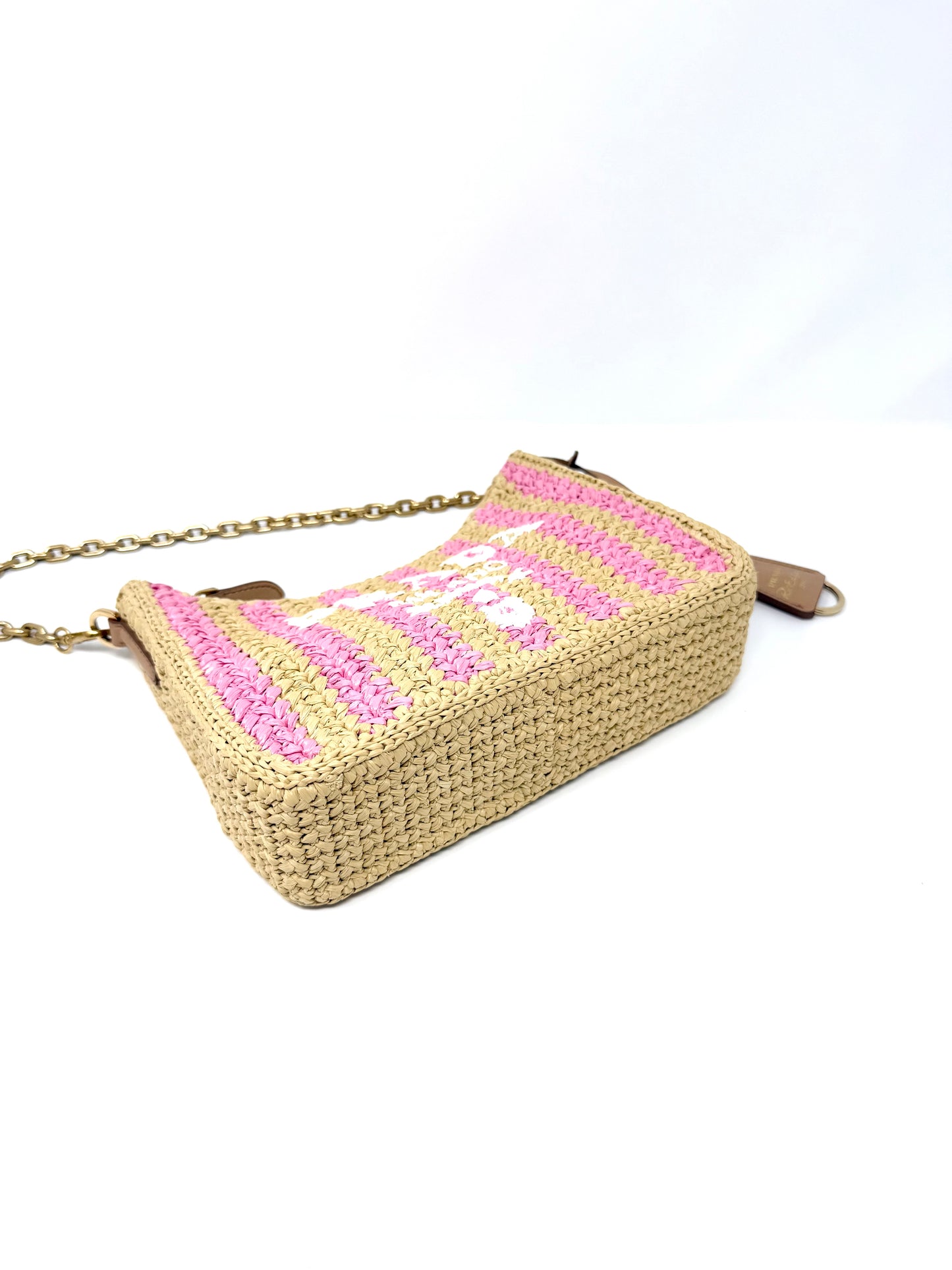 Prada Re-Edition 2005 Raffia Crochet Pink Striped Naturale Petalo