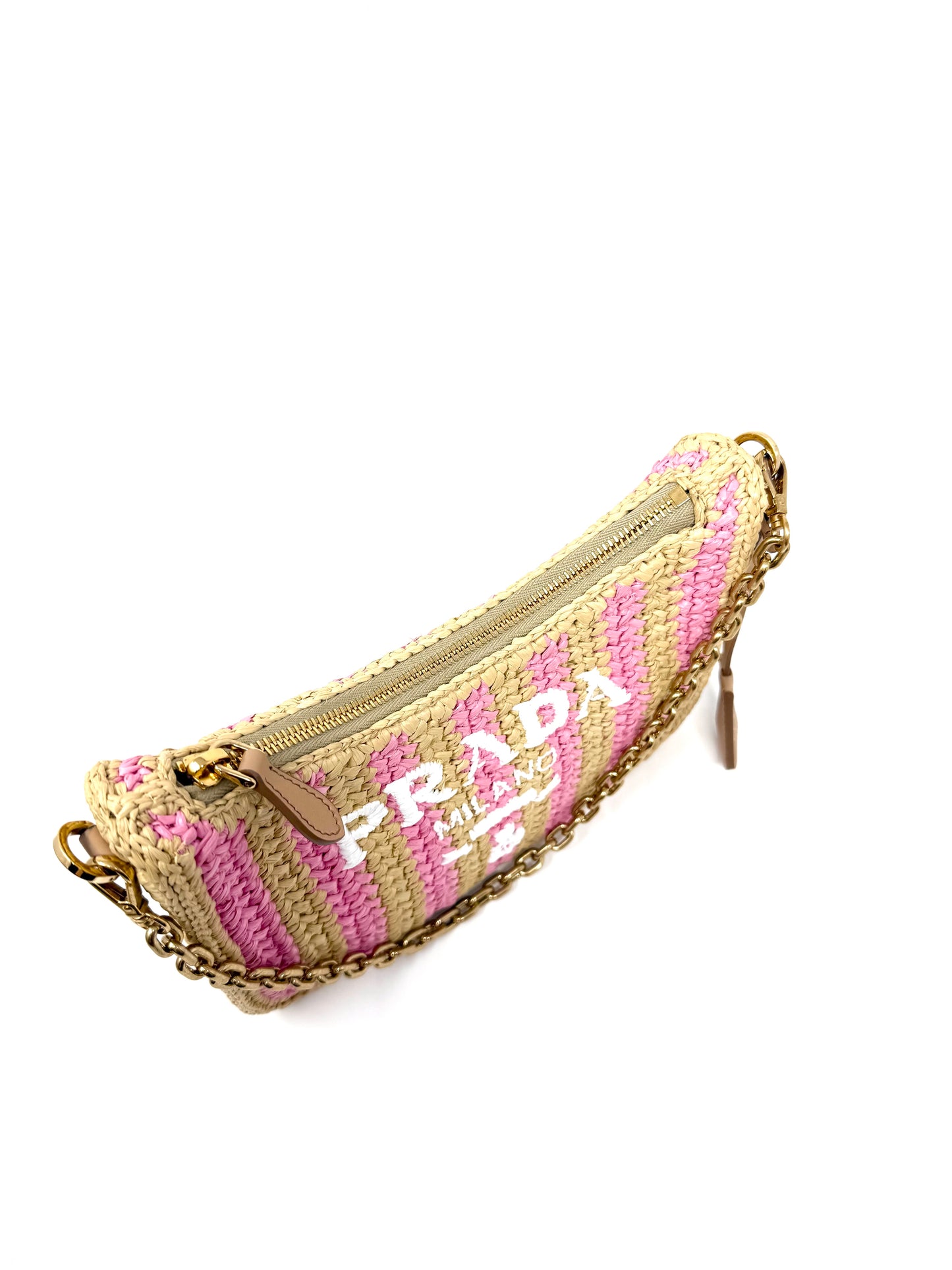 Prada Re-Edition 2005 Raffia Crochet Pink Striped Naturale Petalo