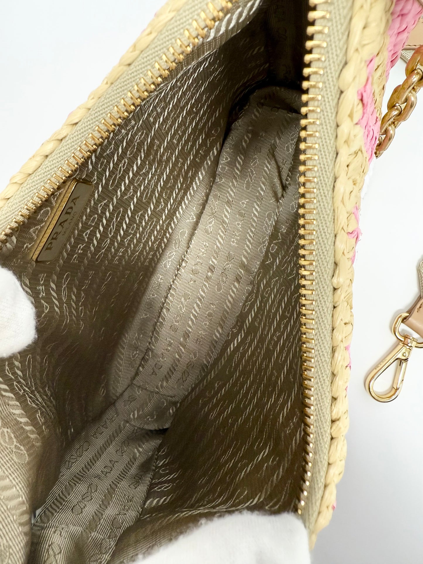 Prada Re-Edition 2005 Raffia Crochet Pink Striped Naturale Petalo