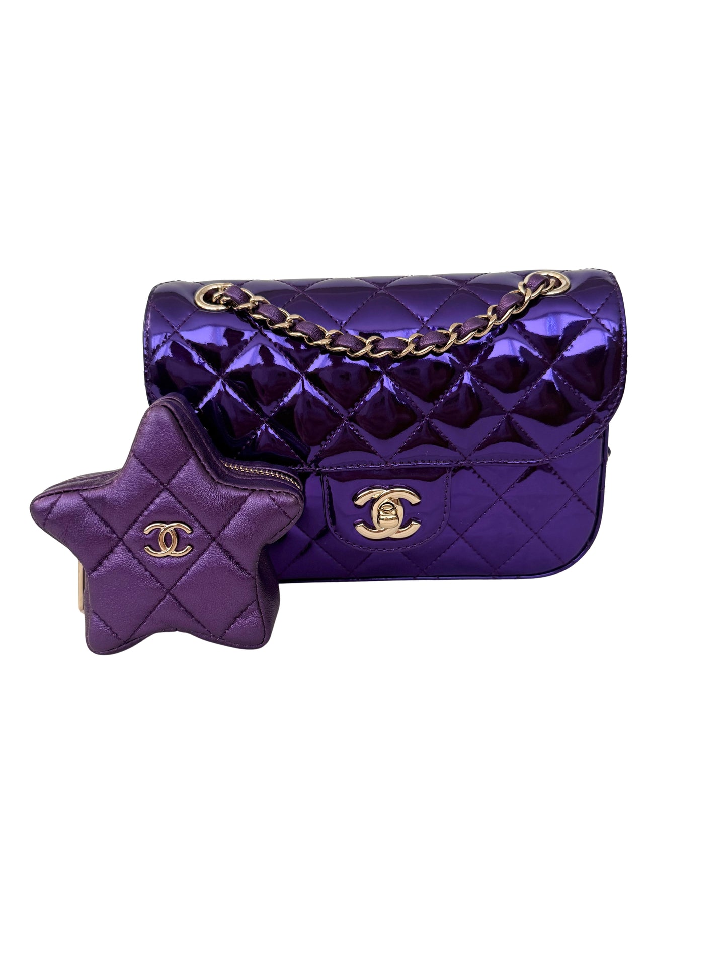 Chanel 24C Metallic Mini Flap Bag & Star Coin Purse Purple