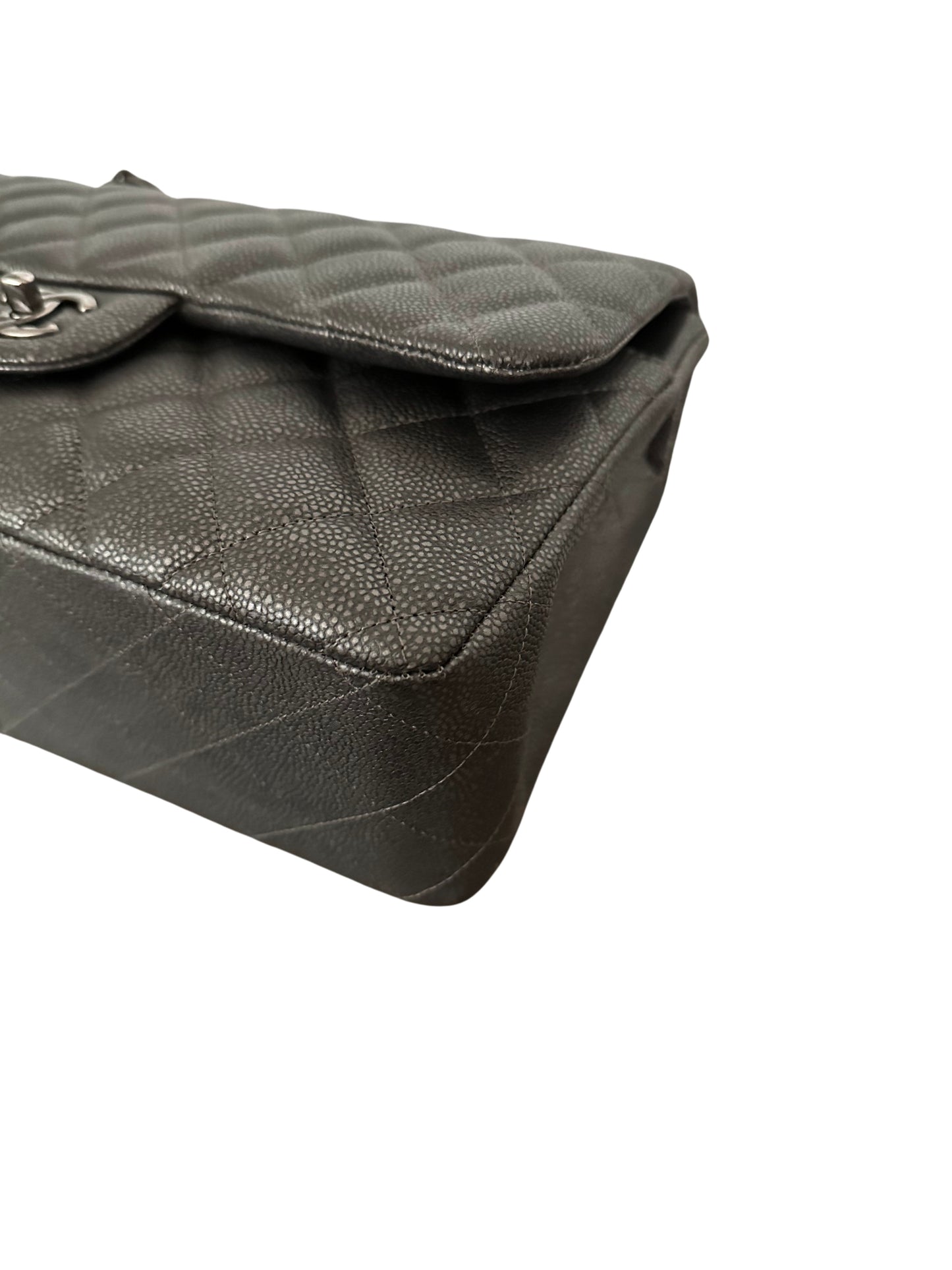 Chanel Metallic Quilted Jumbo Classic Double Flap Iridescent Caviar Silver