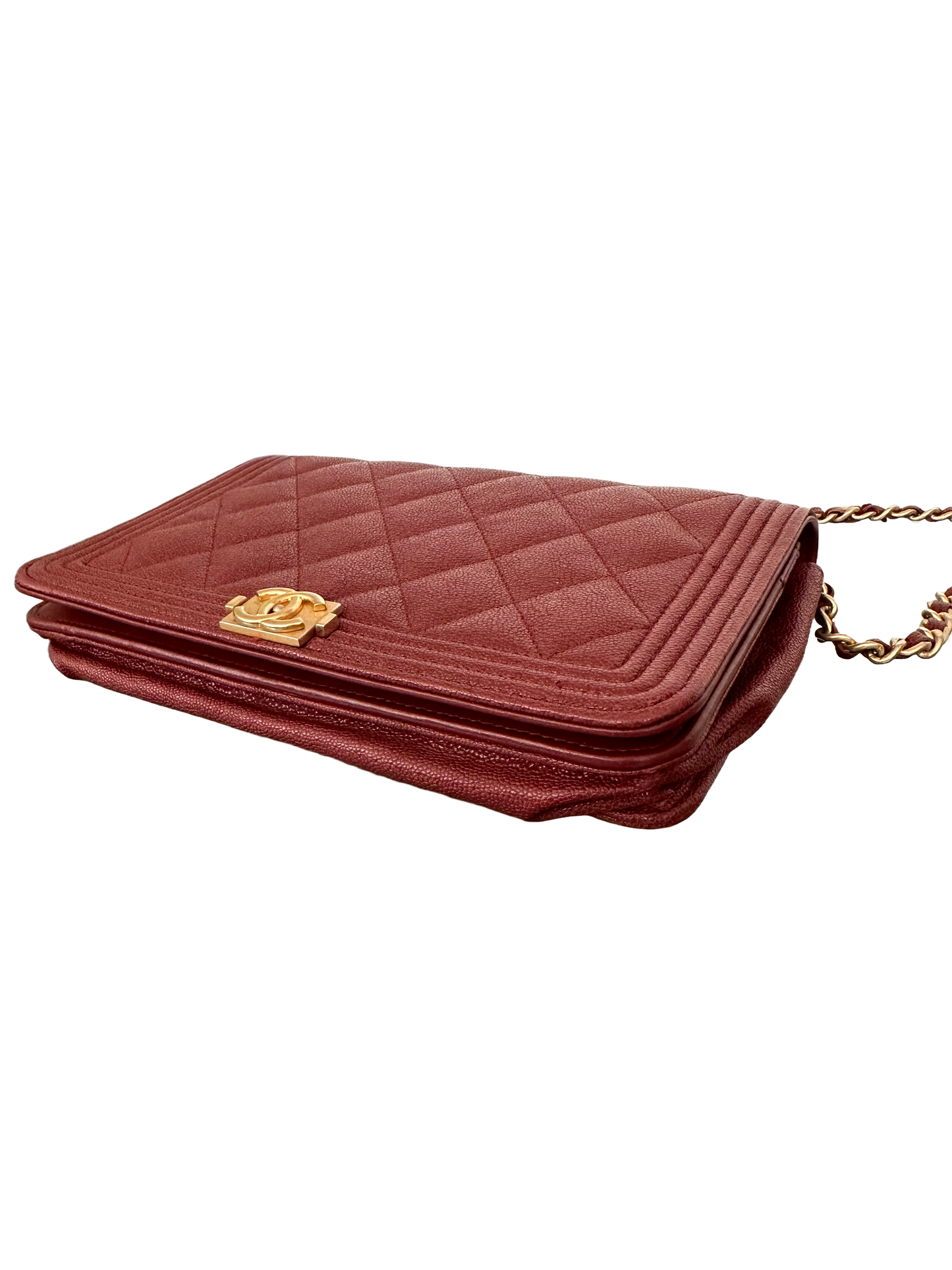 CHANEL Quilted Boy Wallet On Chain WOC Caviar Burgundy Red Gold Hardware