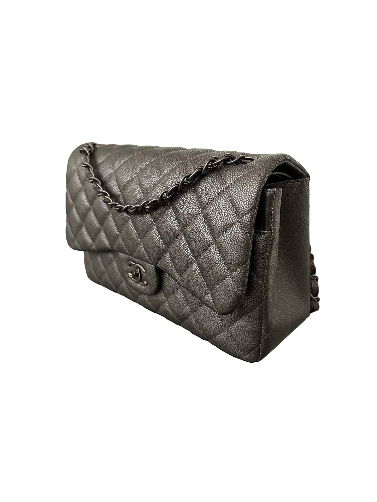 Chanel Metallic Quilted Jumbo Classic Double Flap Iridescent Caviar Silver