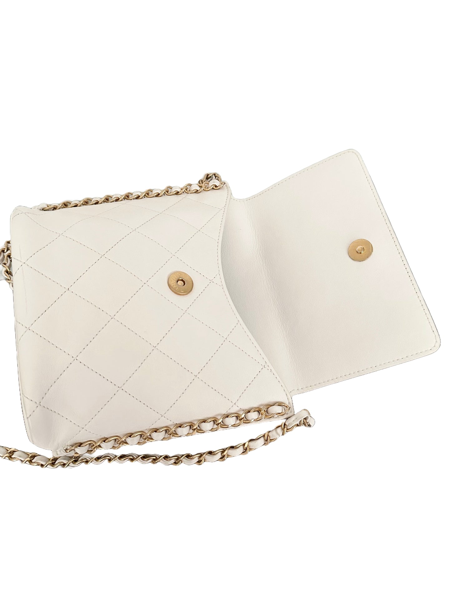 Chanel Quilted Calfskin Chain Flap Hobo Small Ivory White Gold