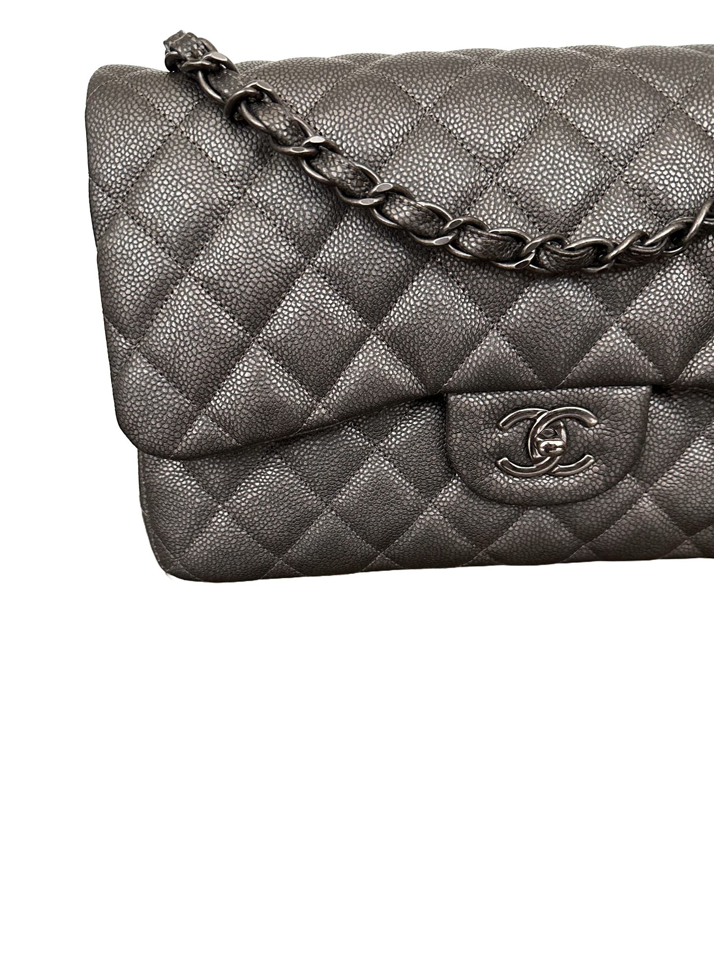 Chanel Metallic Quilted Jumbo Classic Double Flap Iridescent Caviar Silver