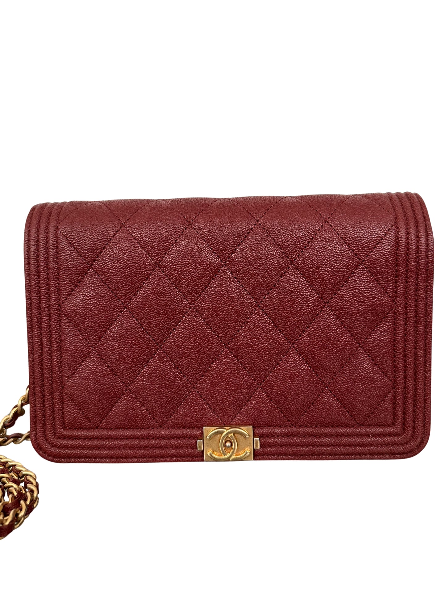 CHANEL Quilted Boy Wallet On Chain WOC Caviar Burgundy Red Gold Hardware