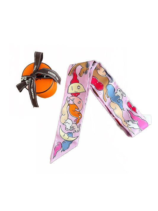 Hermes Mille et Un Lapins Silk Twilly Scarf in Rose/Parme