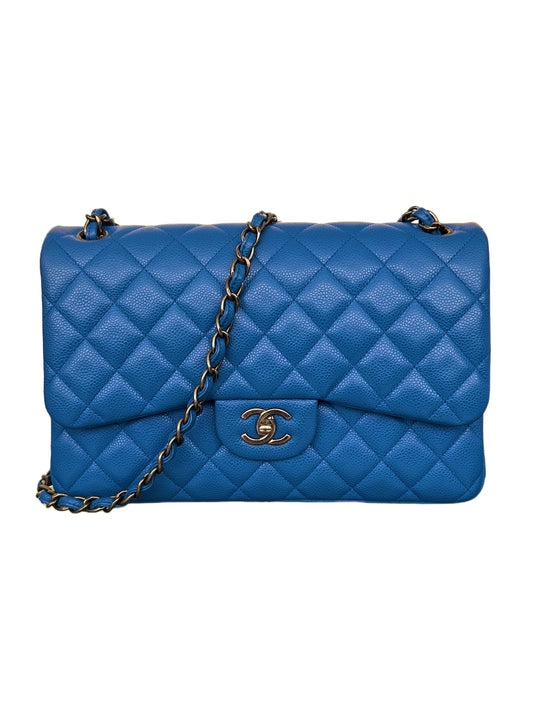 Chanel Classic Double Flap Bag Quilted Caviar Jumbo Sapphire Blue