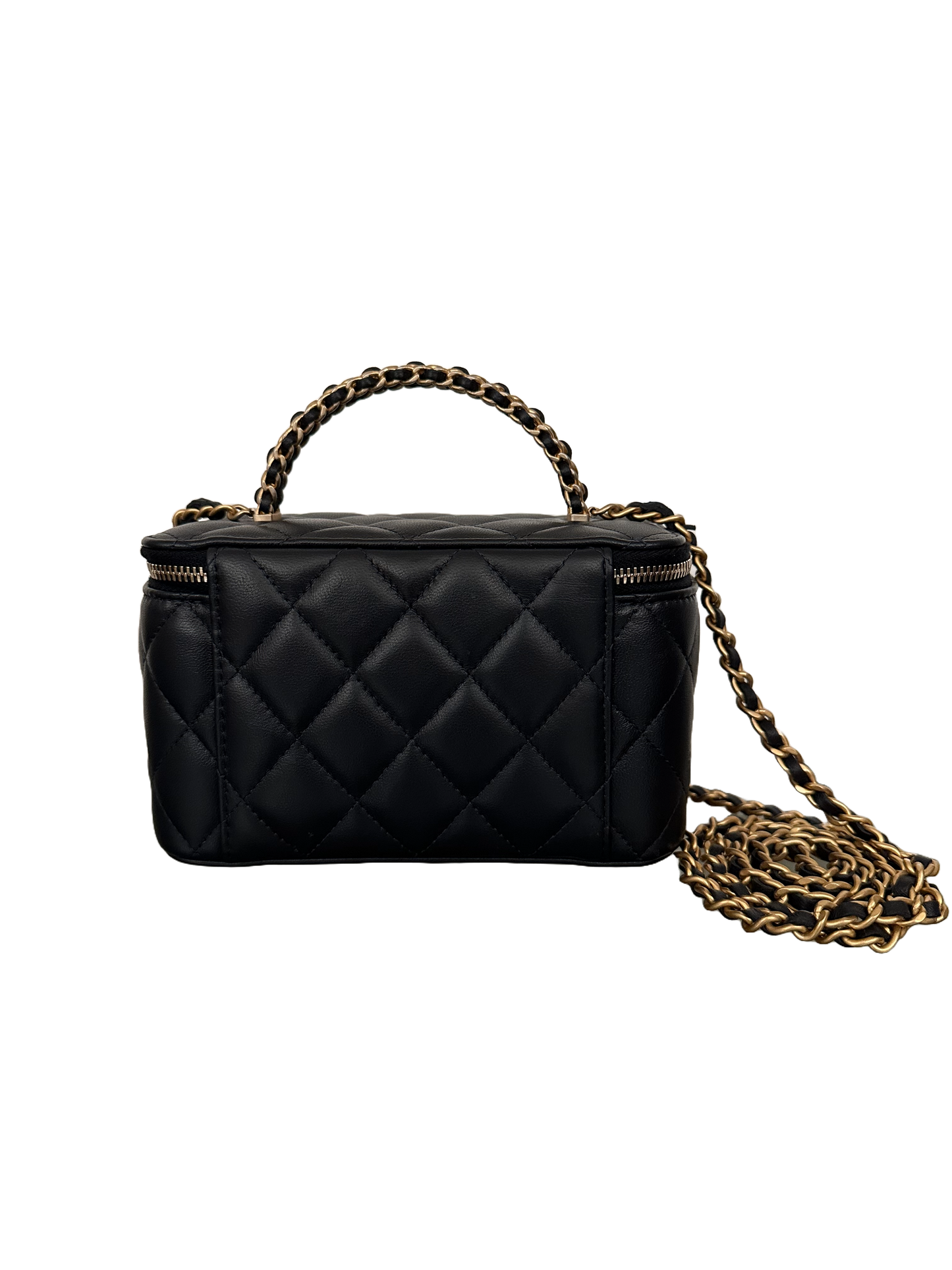 Chanel Top Handle Vanity Case Woven Chain Quilted Lambskin Black Gold Small 22K