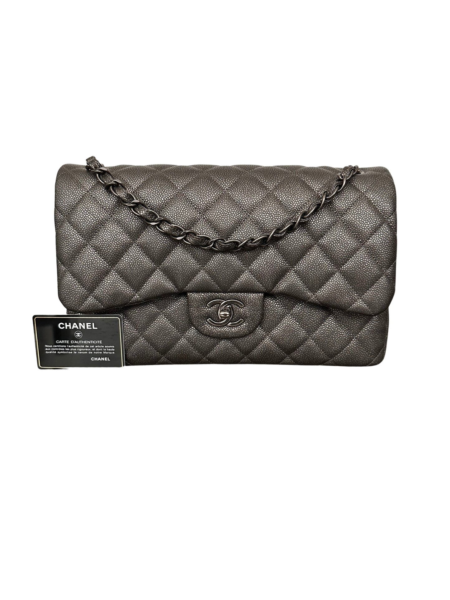 Chanel Metallic Quilted Jumbo Classic Double Flap Iridescent Caviar Silver