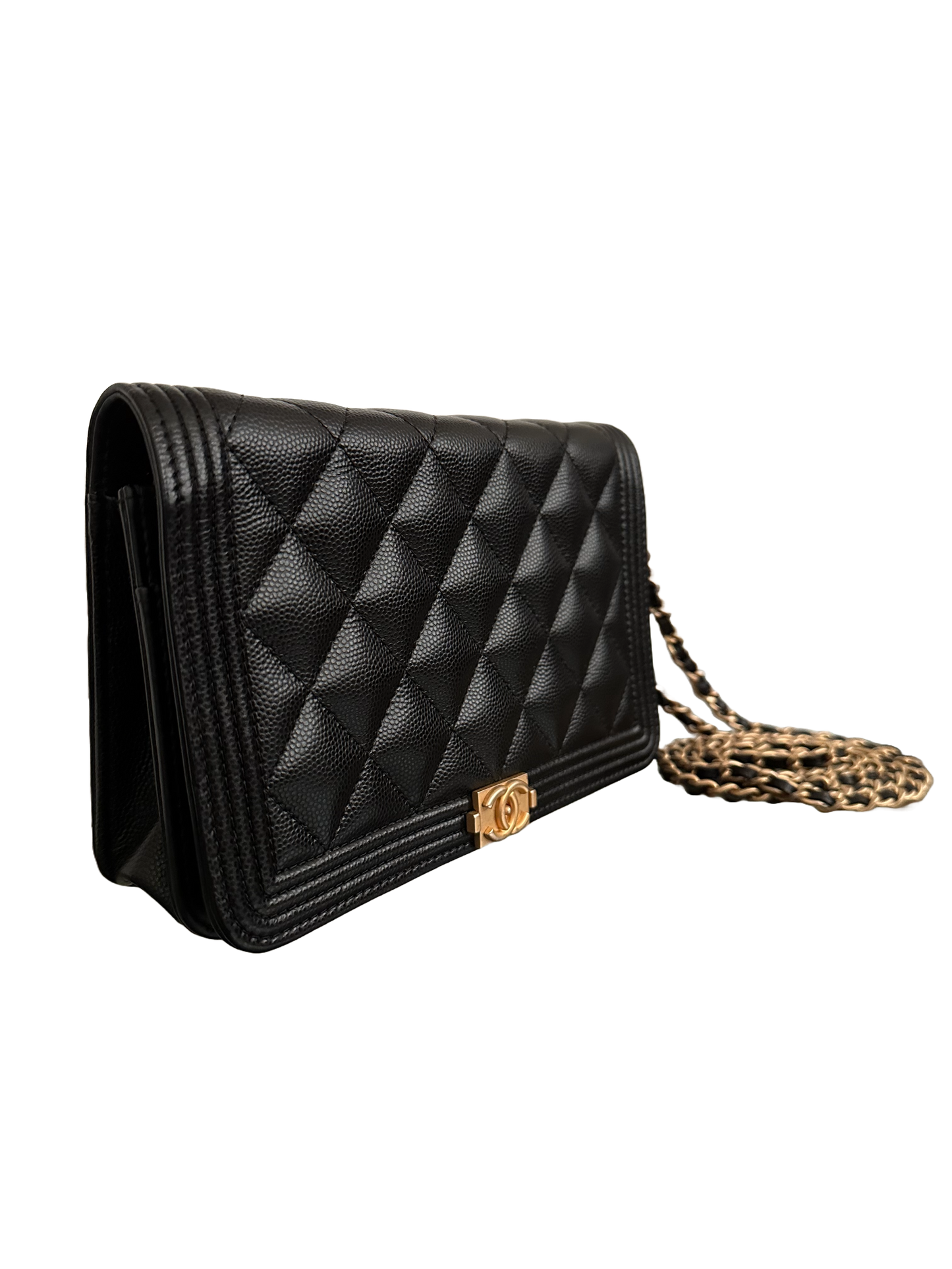 Chanel Quilted Boy Wallet On Chain WOC Caviar Black Gold Hardware