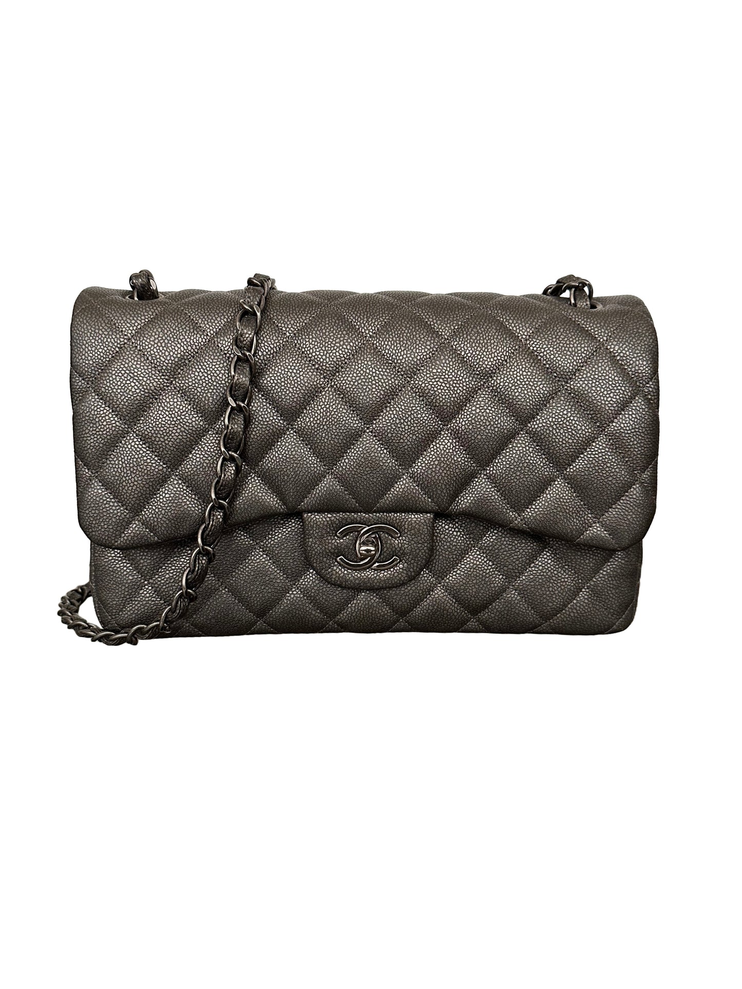 Chanel Metallic Quilted Jumbo Classic Double Flap Iridescent Caviar Silver