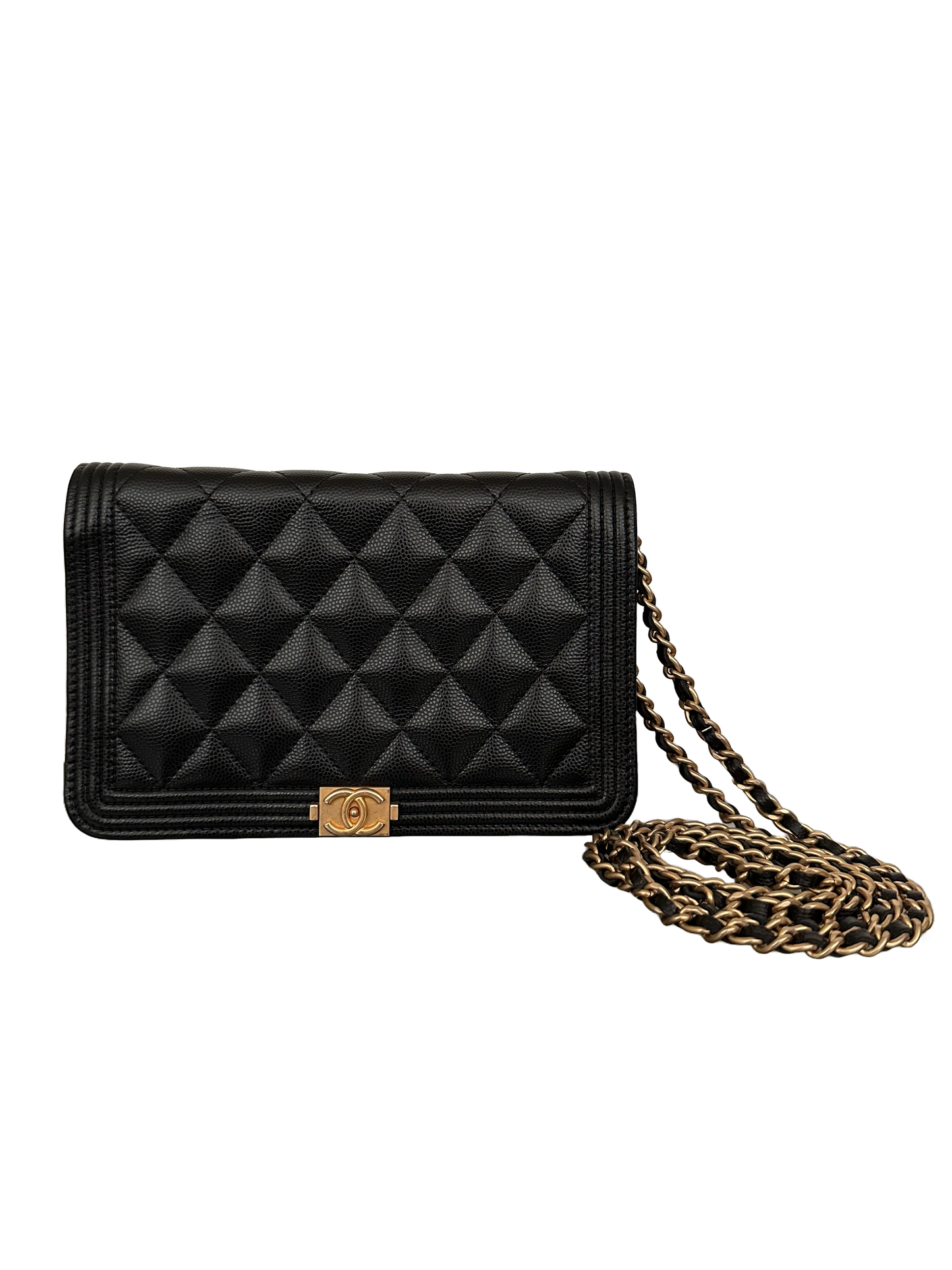 Chanel Quilted Boy Wallet On Chain WOC Caviar Black Gold Hardware