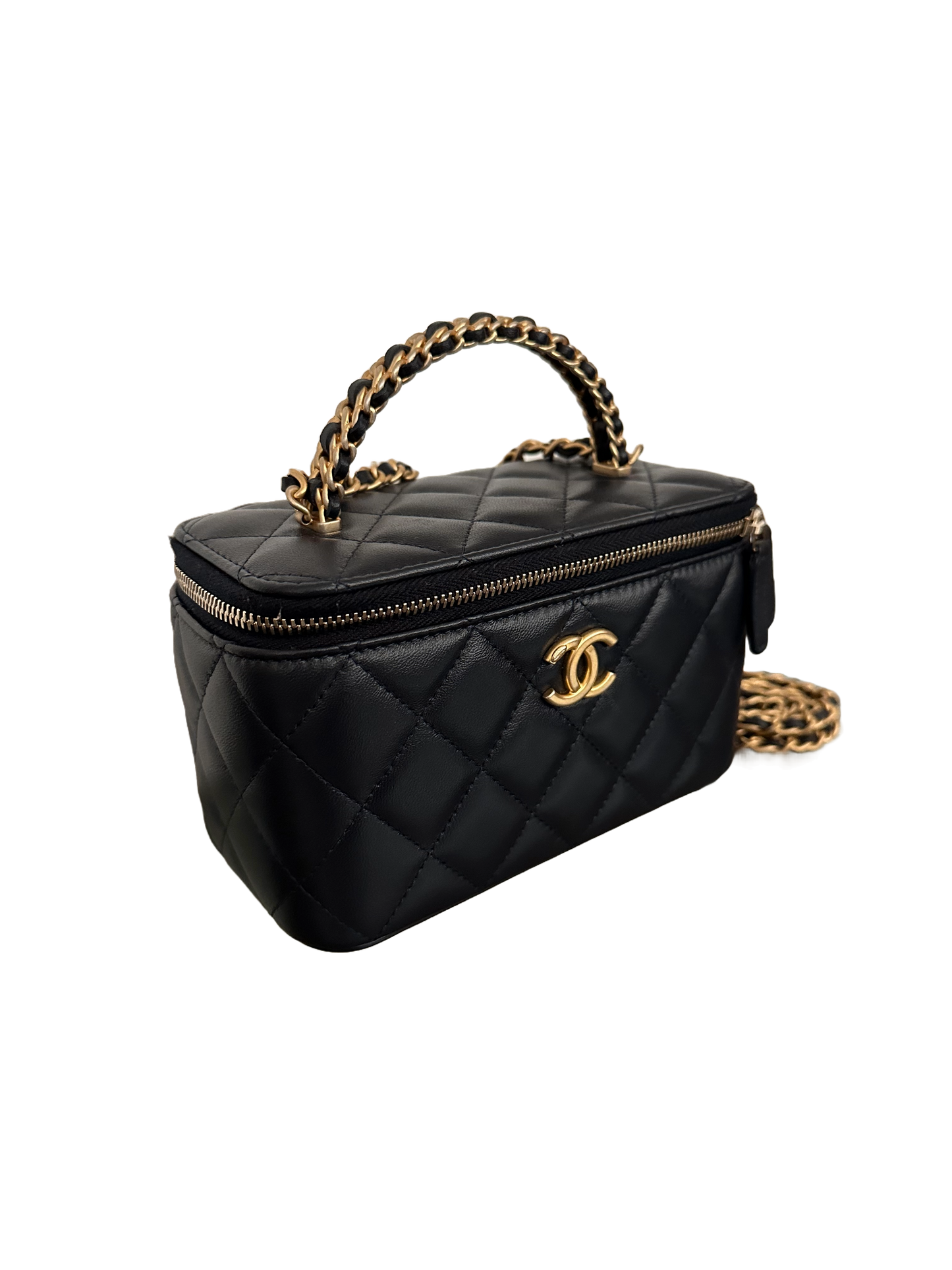 Chanel Top Handle Vanity Case Woven Chain Quilted Lambskin Black Gold Small 22K