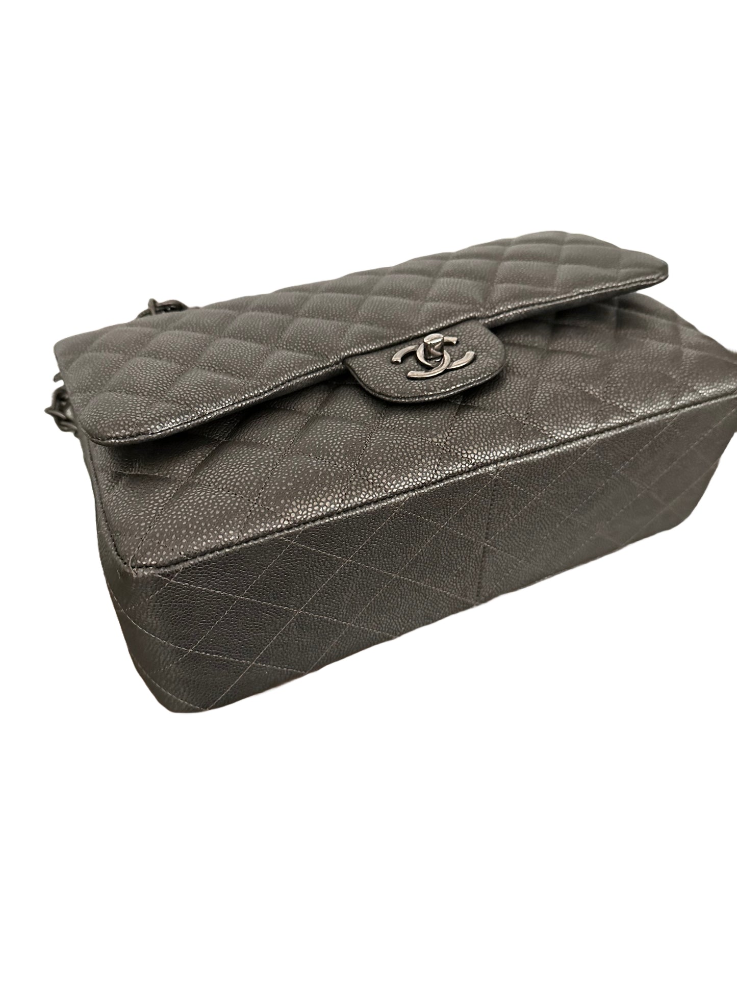 Chanel Metallic Quilted Jumbo Classic Double Flap Iridescent Caviar Silver