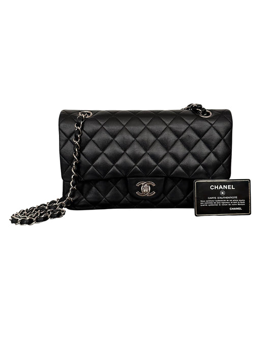 Chanel Classic Double Flap Bag Quilted Lambskin Medium Black Silver Hardware