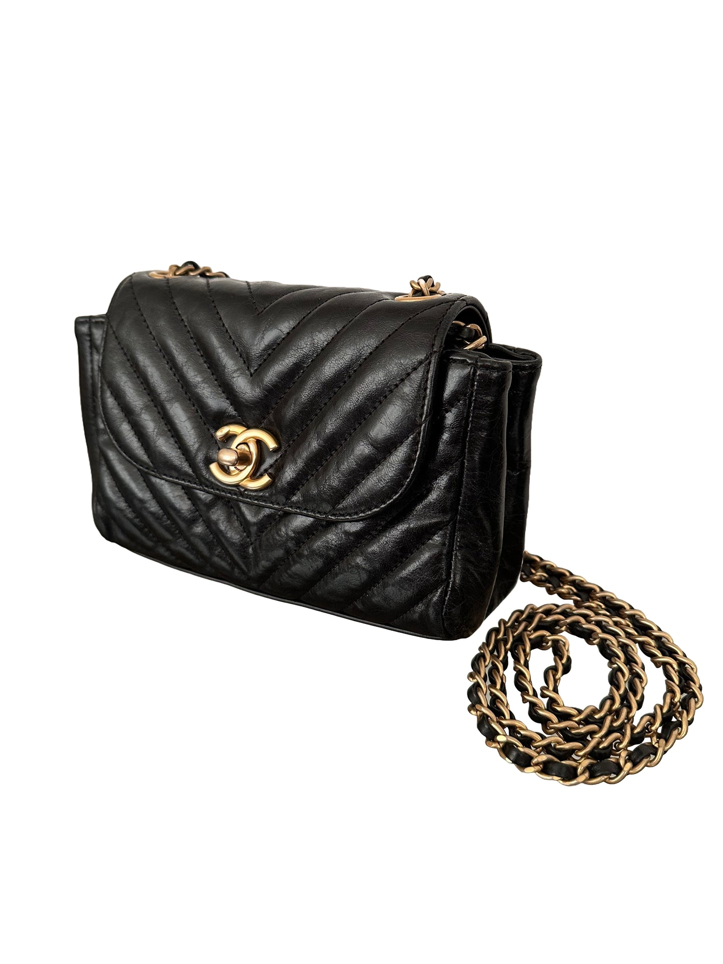 Chanel Quilted Calfskin Chevron Classic Small Hampton Flap Black Gold