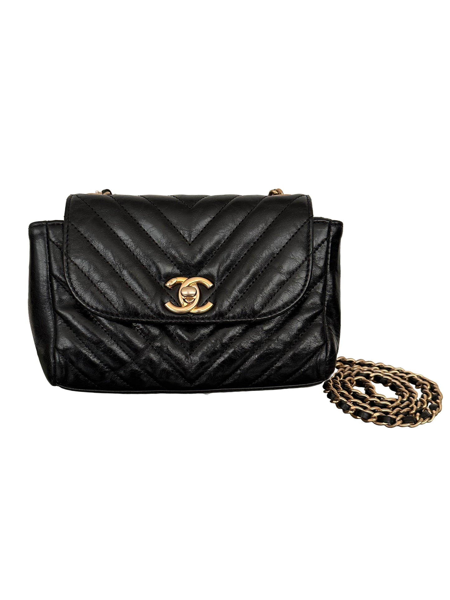 Chanel Quilted Calfskin Chevron Classic Small Hampton Flap Black Gold