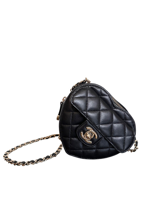 Chanel CC in Love Heart Crossbody Bag Quilted Lambskin Black Light Gold Hardware