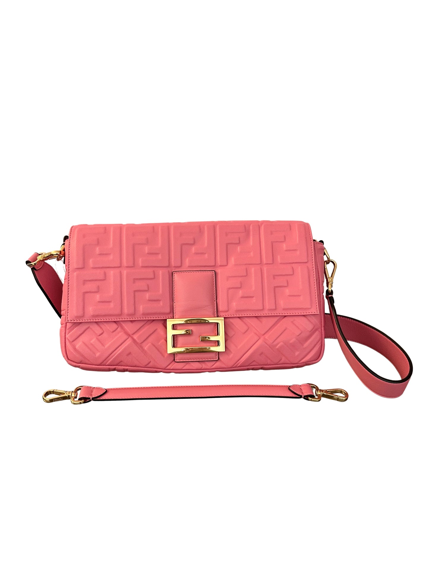 Fendi Baguette NM Bag Zucca Embossed Leather Large Pink