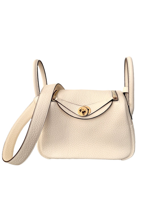 Hermès Nata Taurillon Clemence Mini Lindy 20 Cream Ivory White Gold Hardware GHW