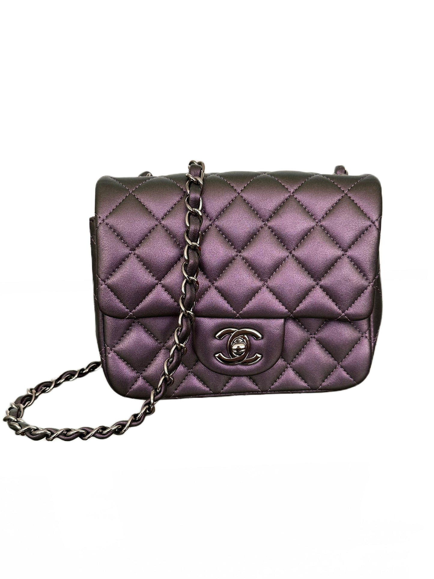 Chanel Square Classic Flap Purple Iridescent Lambskin Mini